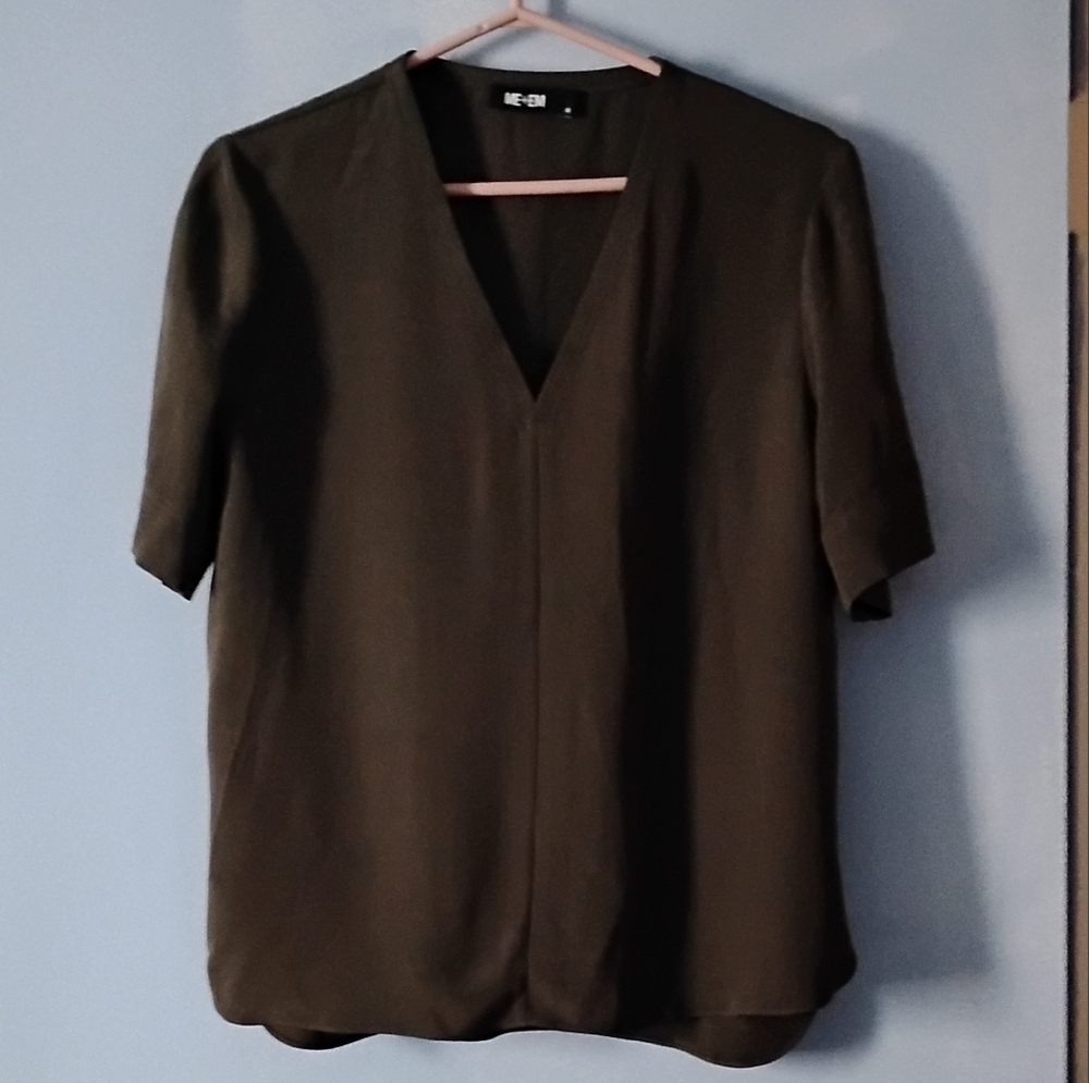 ME + EM Olive Green Silk V Neck Blouse 14